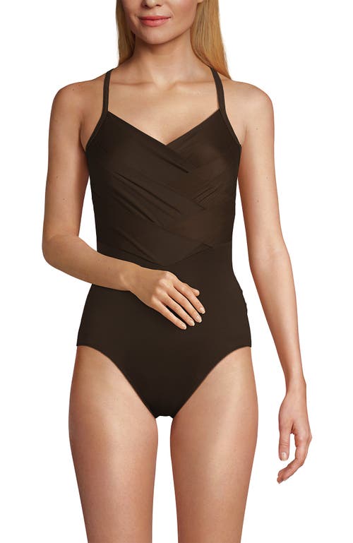 Shop Lands' End Slender Suit V-neck Pleated X-back One Piece Swimsuit Adjustable Straps In Rich Coffee