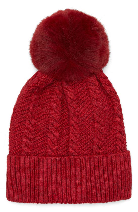 Tasha Cable Knit Pompom Beanie In Raspberry Wine