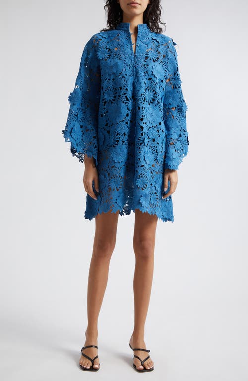 3D Floral Lace Cover-Up Mini Caftan in Blue Crush