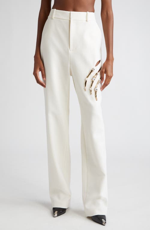 Crystal Claw Cutout Stretch Virgin Wool Straight Leg Trousers in Ivory