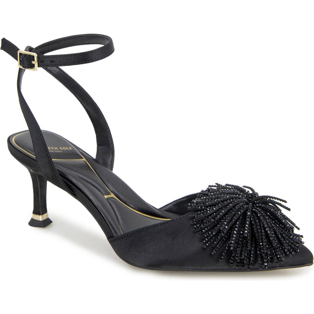 Kenneth Cole Umi Starburst Ankle Strap Pointed Toe Pump In Black Satin