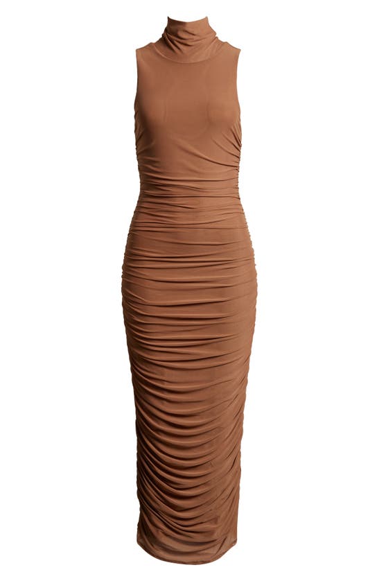Shop Afrm Fiorella Ruched Scrunch Neck Sleeveless Midi Dress In Raw Umber