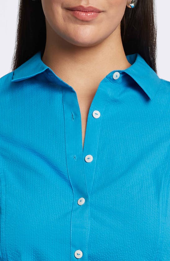 Shop Foxcroft Fiona Belted Seersucker Shirtdress In True Blue