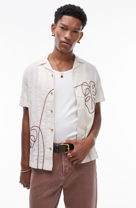 Floral Embroidered Textured Cotton Camp Shirt