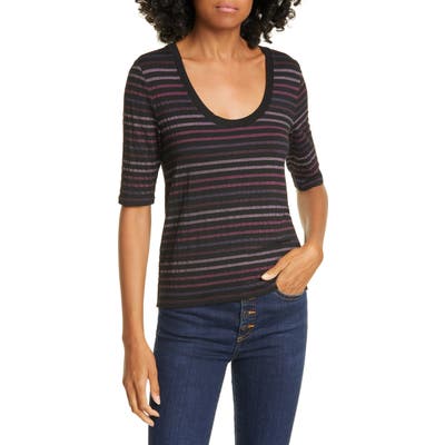 Veronica Beard Poppy U-Neck Metallic Stripe Tee, Purple