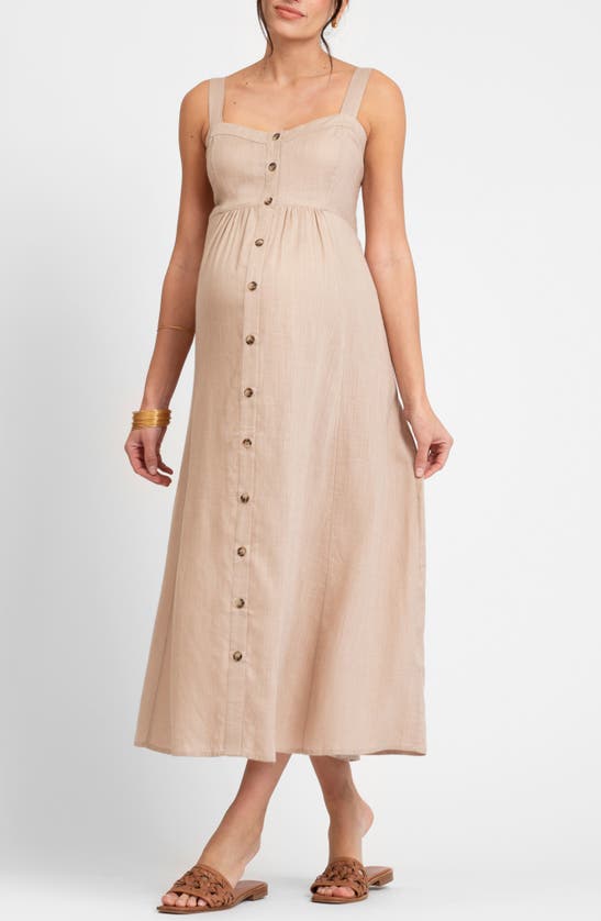 Seraphine Button Front Maternity/nursing Midi Sundress In Taupe