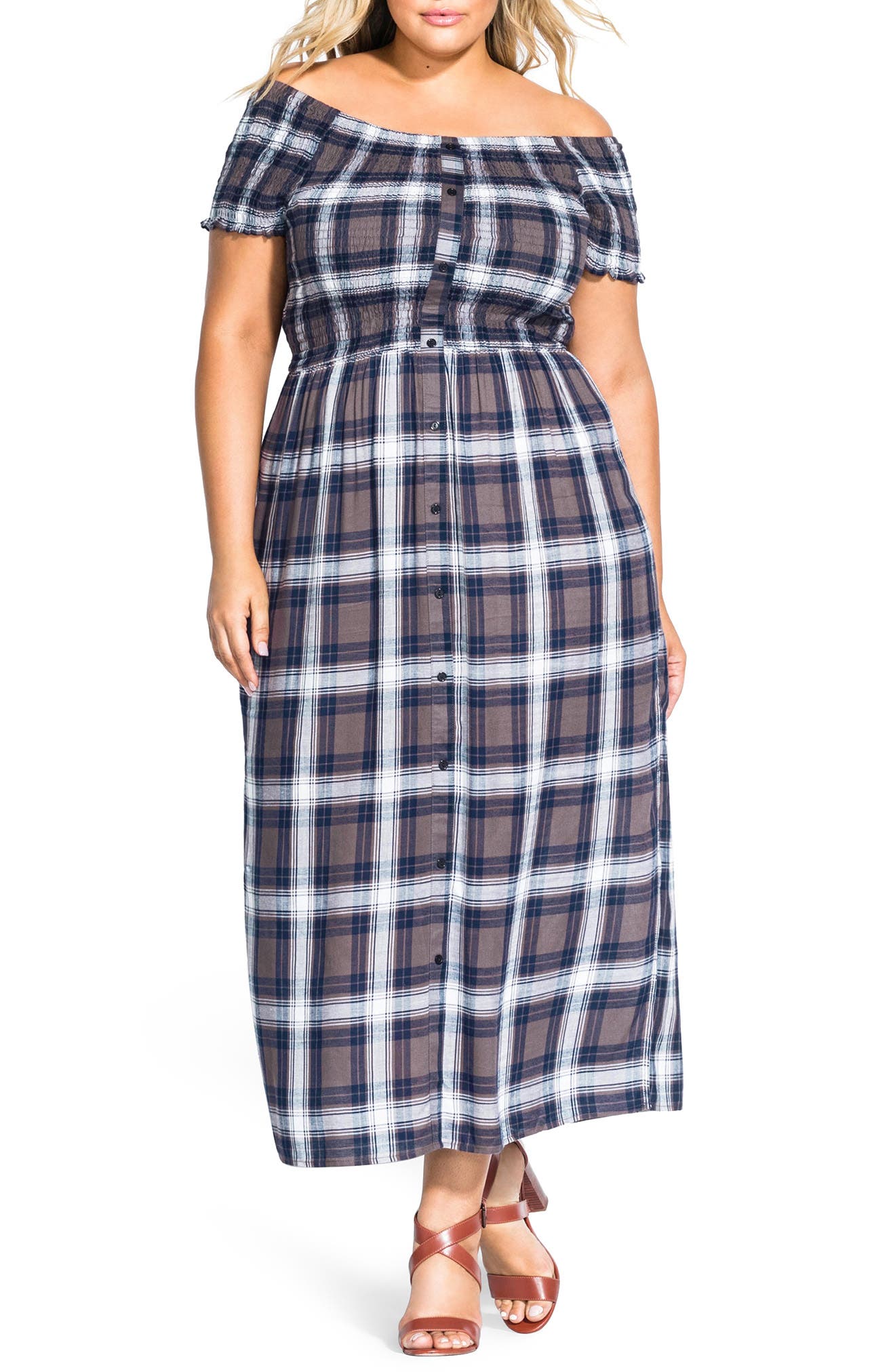 Plus Size City Chic Rebel Check Off The Shoulder Dress, Blue