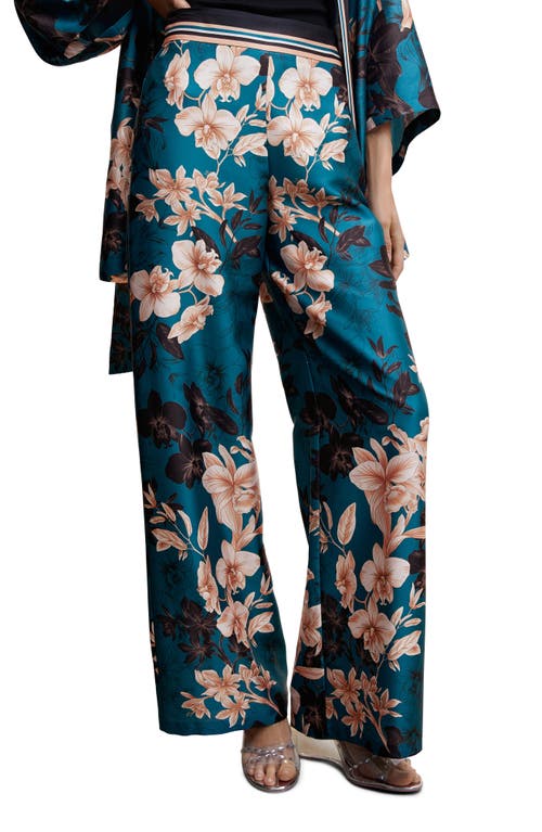 MANGO Floral Satin Palazzo Pants in Blue