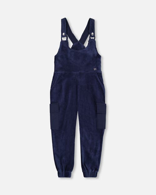 Shop Deux Par Deux Girl's Velvet Stretch Cargo Overalls Navy In Peacoat