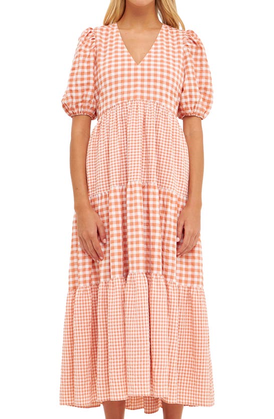 English Factory Mixed Gingham Tiered Dress In Sienna