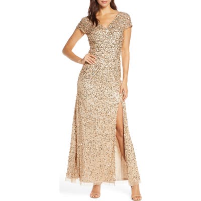 Adrianna Papell Beaded V-Neck Evening Gown, Metallic