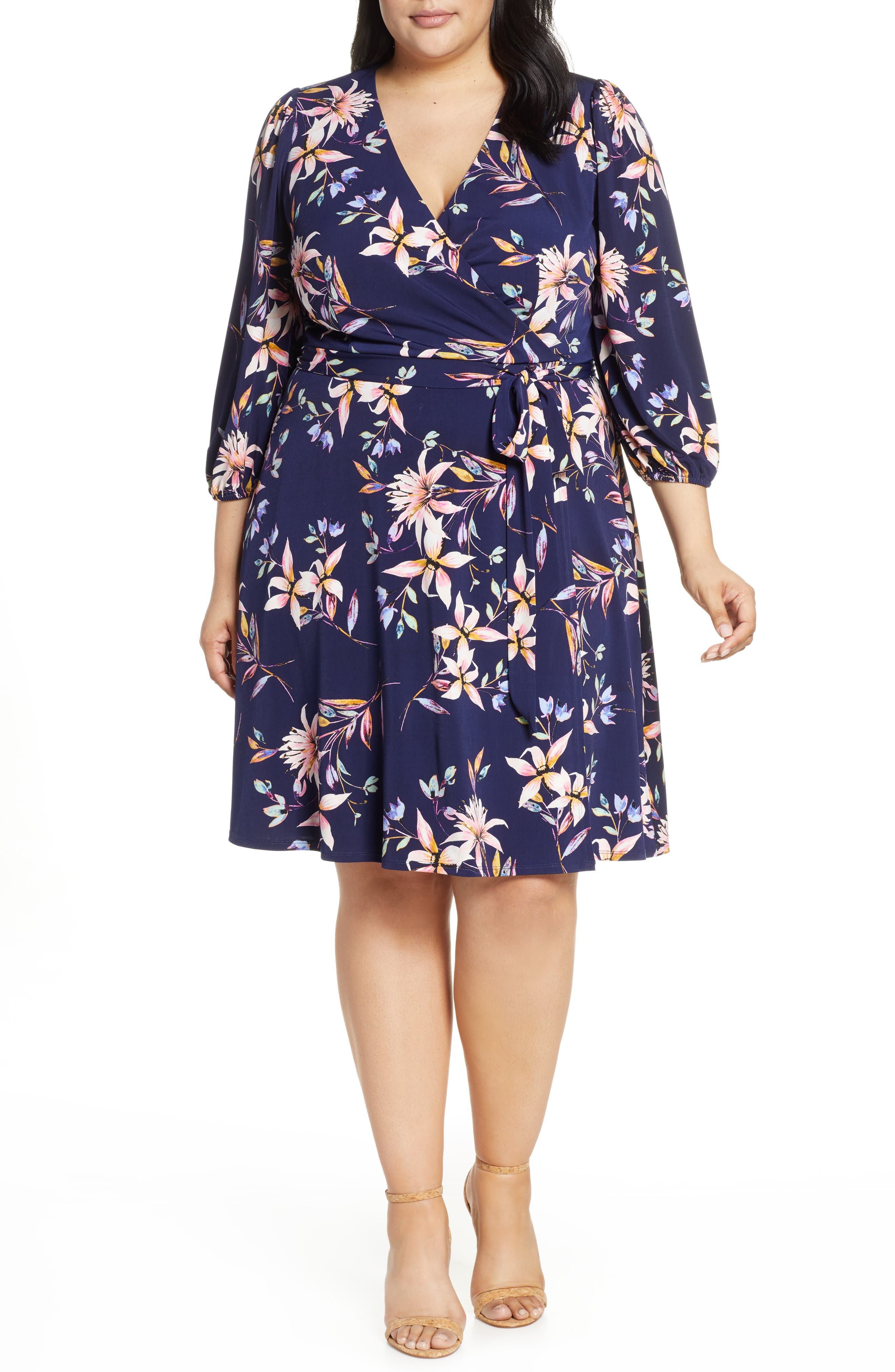 Plus Size Eliza J Flroal Print Wrap Dress, Blue