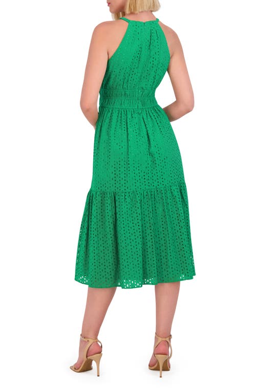 Shop Vince Camuto Halter Neck Cotton Eyelet Midi Dress In Green