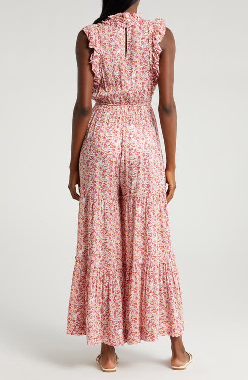 Shop Poupette St Barth Belene Floral Tiered Ruffle Cover-up Jumpsuit In Pink Jardin