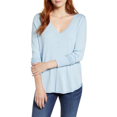 Caslon High-Low V-Neck Sweater, Blue