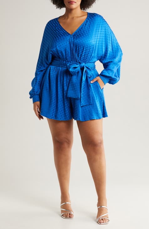 Textured Dot Long Sleeve Satin Romper (Plus)