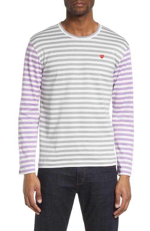 Comme Des Garçons Play Small Heart Stripe Colorblock Long Sleeve T-shirt In Grey/purple