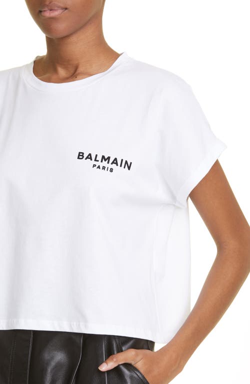 Shop Balmain Flocked Logo Crop T-shirt In Gab White/black