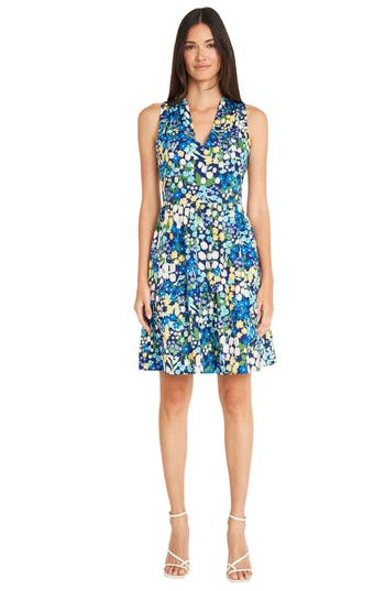 Shop Maggy London Floral Sleeveless Tiered Fit & Flare Dress In Navy/trueblue