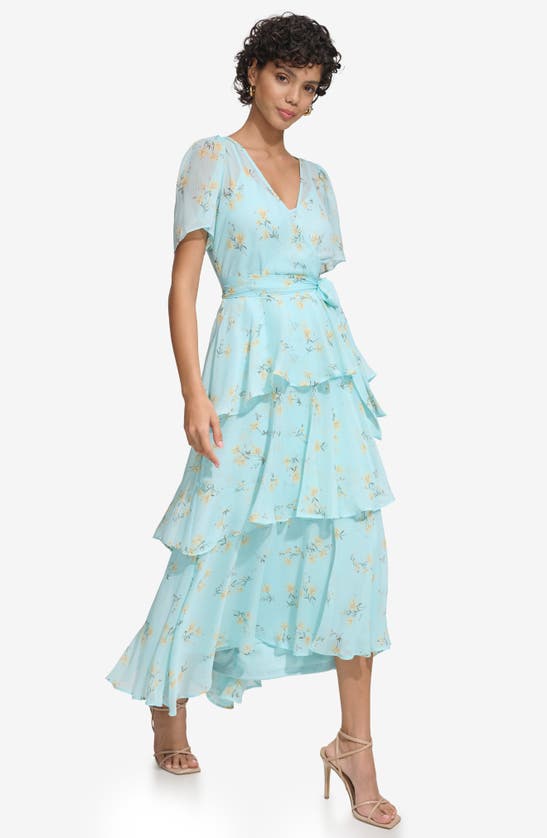 Shop Calvin Klein Floral Short Sleeve Tiered Chiffon Dress In Pale Aqua Multi