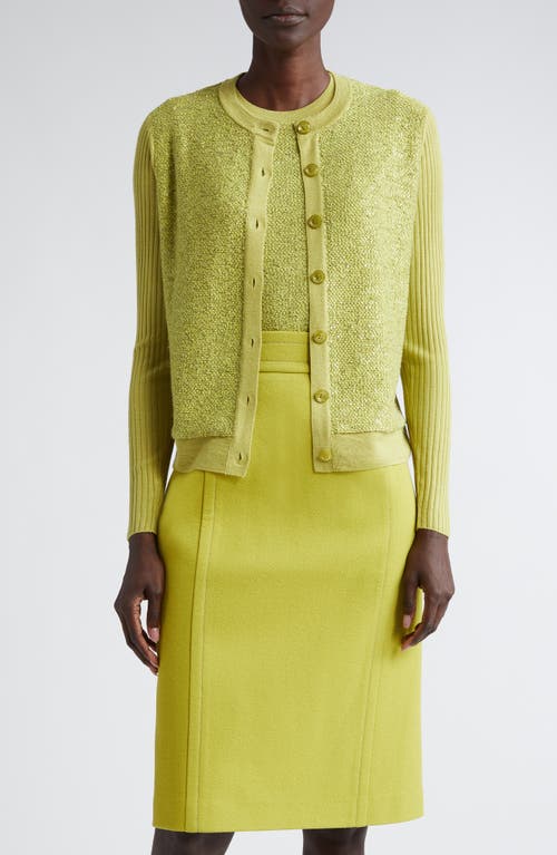 St. John Evening Sequin Rib Wool & Silk Blend Cardigan in Chartreuse at Nordstrom, Size Small
