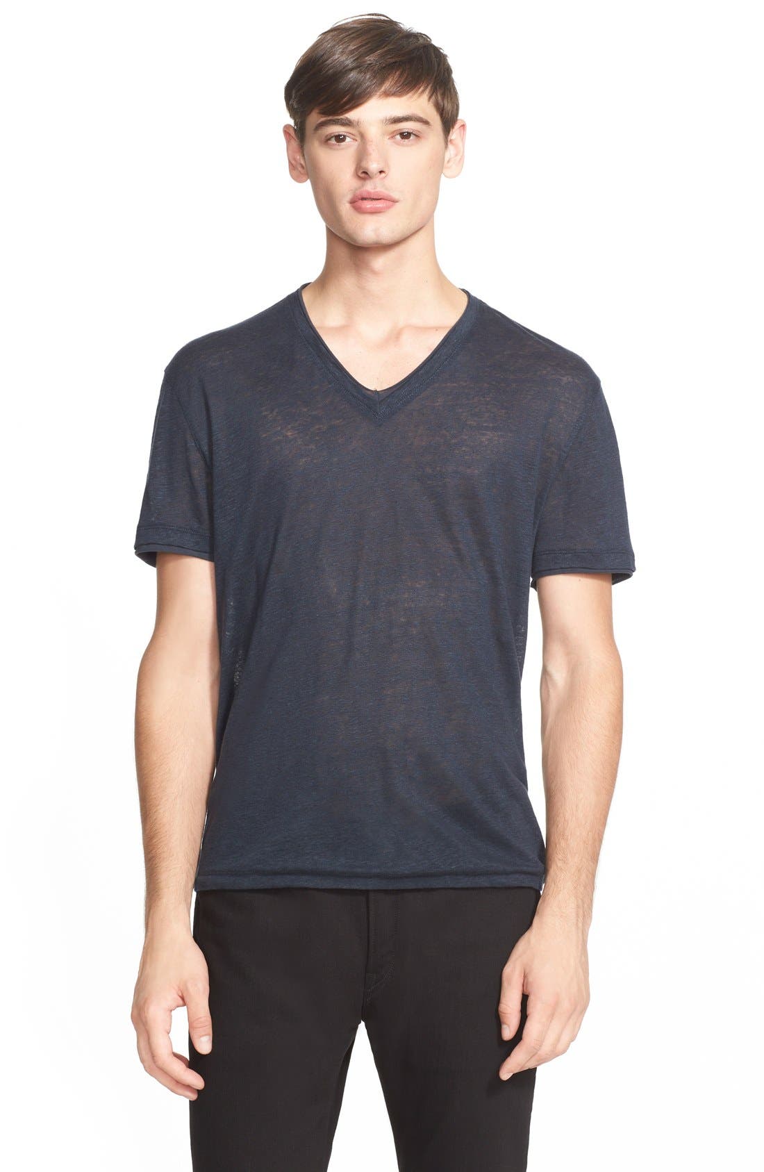 John Varvatos Linen Roll Trim V-Neck Tee | Nordstrom