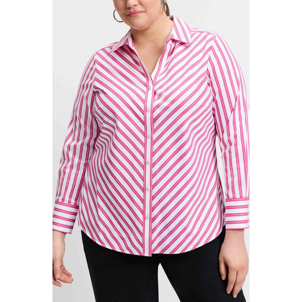 Foxcroft Mary Stripe Stretch Button-up Shirt In Ruby Pink/white