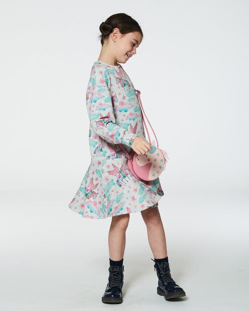 Shop Deux Par Deux Girl's Printed Shiny French Terry Dress Gray Mix Printed Unicorn In Printed Angel Unicorns