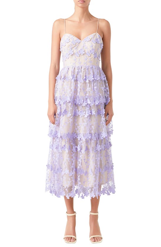 Shop Endless Rose Floral Embroidered Tiered Lace Midi Dress In Lilac