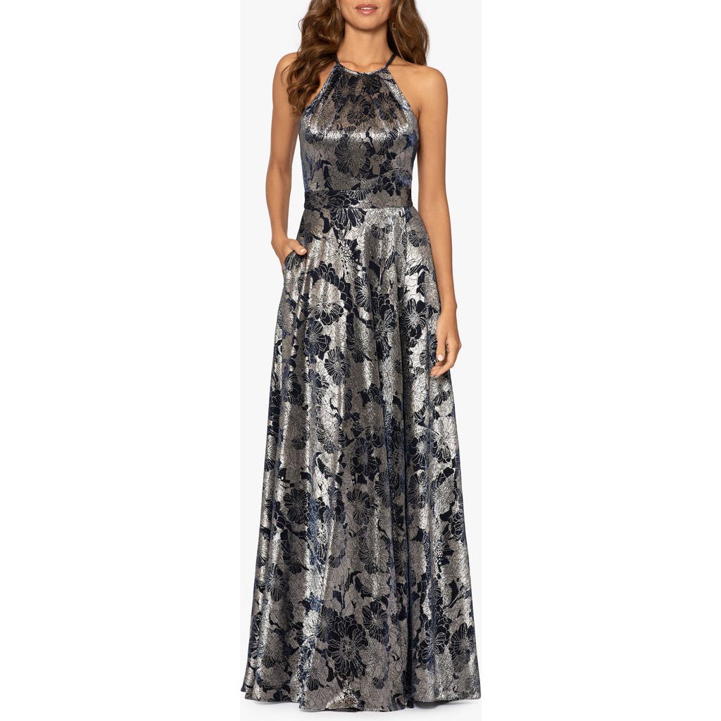BETSY & ADAM BETSY & ADAM METALLIC FLORAL HALTER TOP GOWN