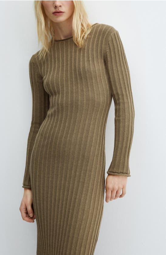 Shop Mango Long Sleeve Rib Knit Dress In Khaki