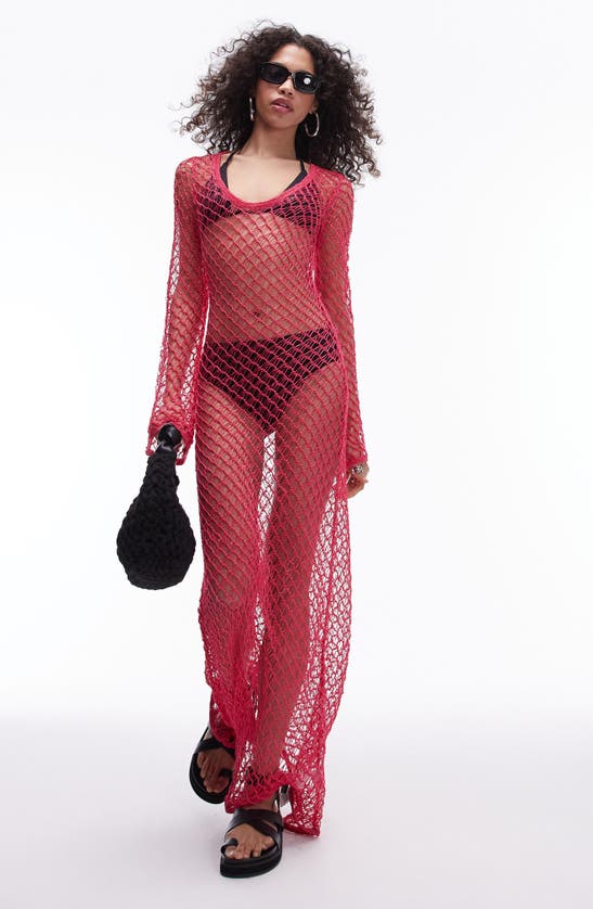 Shop Topshop Long Sleeve Net Maxi Dress In Bright Pink