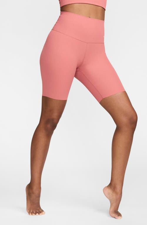 Shop Nike Zenvy Dri-fit High Waist Rib Bike Shorts In Canyon Pink/black