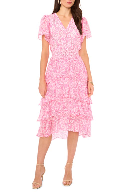 Floral Tiered Midi Dress in Hot Pink
