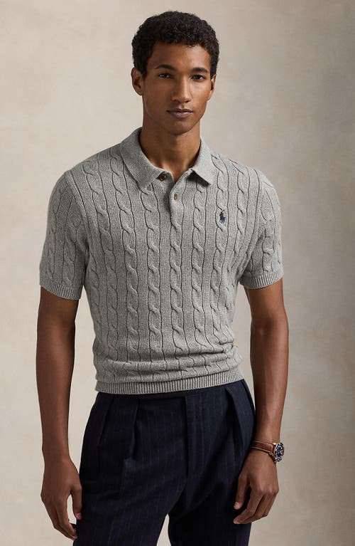 Shop Polo Ralph Lauren Roving Cotton Cable Knit Polo Sweater In Fawn Grey Heather