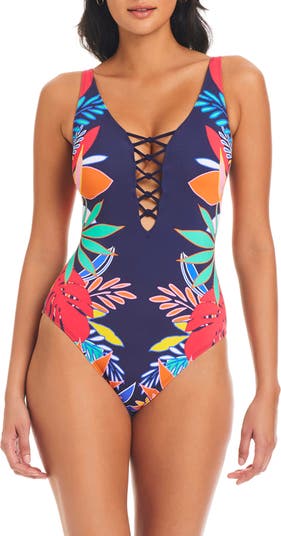 BLEU by Rod Beattie Color Field Lace Down One Piece Swimsuit