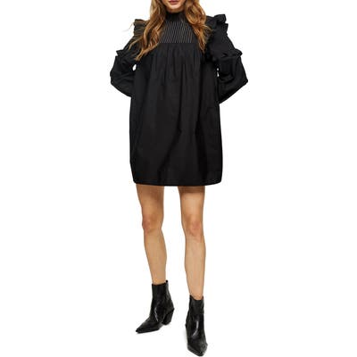 Topshop Pintuck Frill Long Sleeve Minidress, US (fits like 10-12) - Black