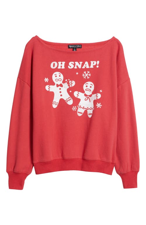 Vinyl Icons Oh Snap Holiday Off The Shoulder Graphic Fleece Sweatshirt In Red