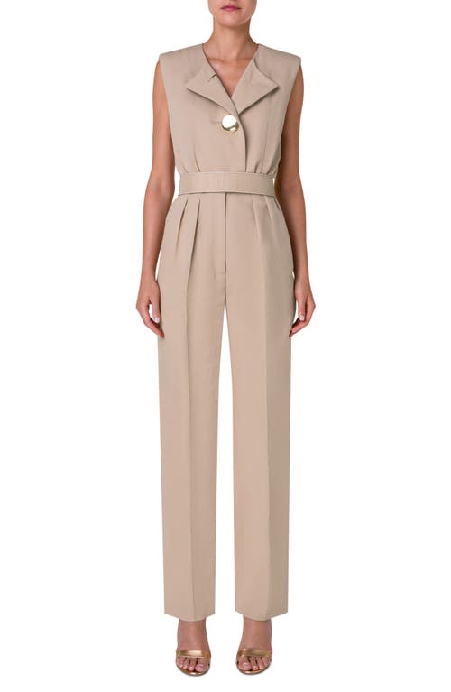 Sleeveless Belted Silk Blend Twill Jumpsuit in Sand