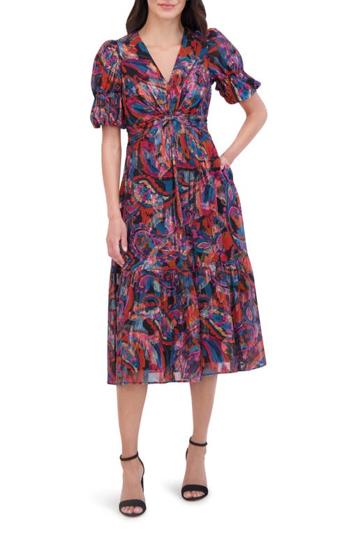 Vince Camuto Metallic Floral Chiffon Midi Dress In Red Multi