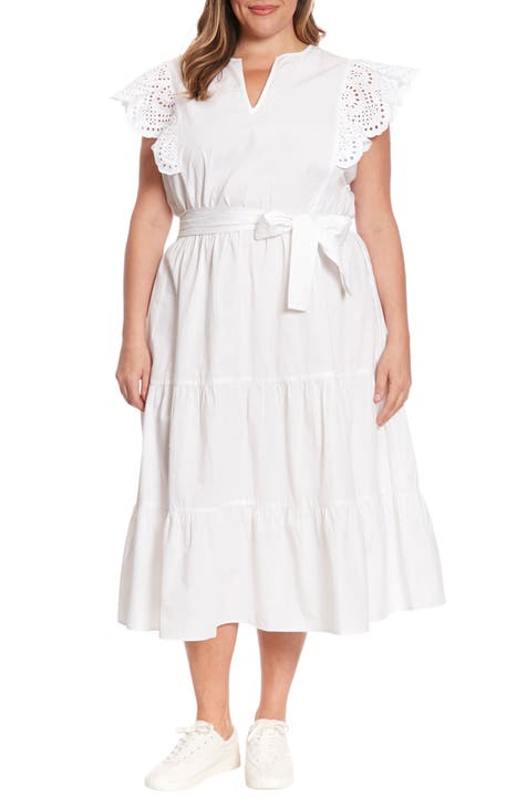 Eyelet Flutter Sleeve Tiered Cotton Dress (Plus)