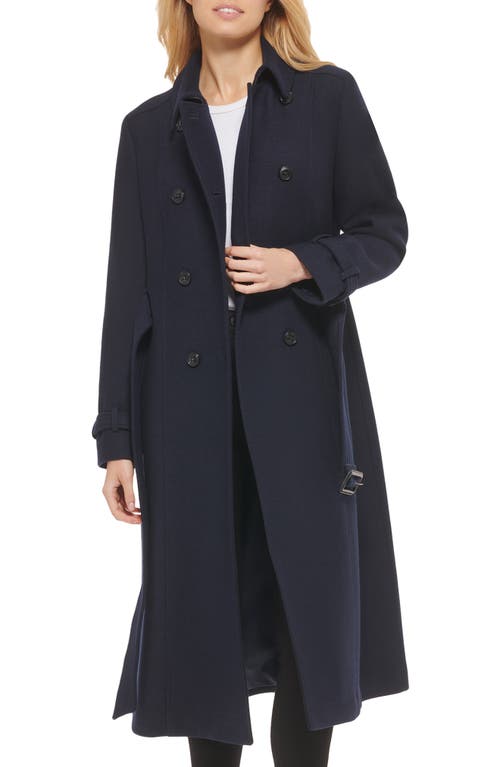 Cole Haan Signature Flared Belted Wool Blend Trench Coat in Navy
