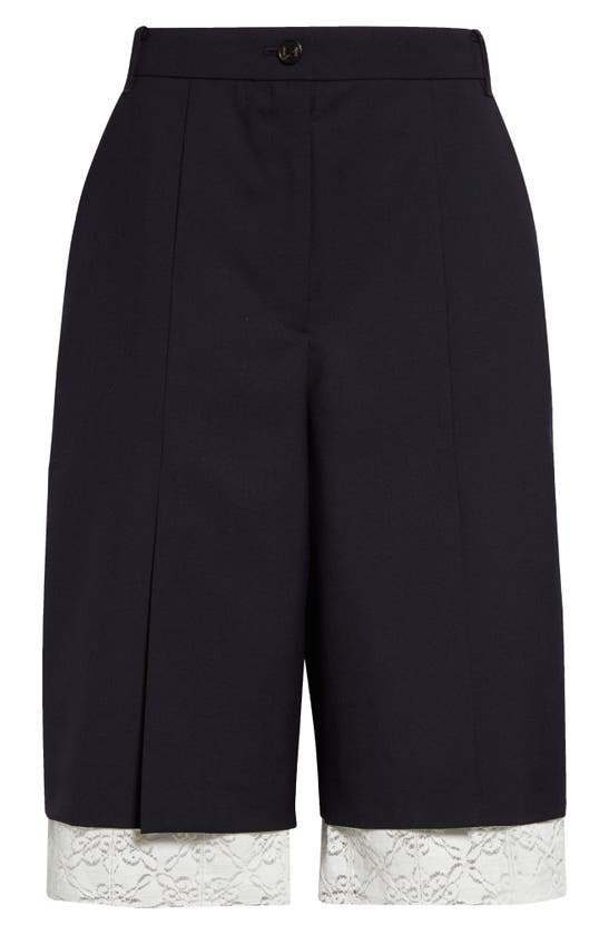 Shop Eenk Lace Hem Slit Wool Blend Suit Shorts In Navy