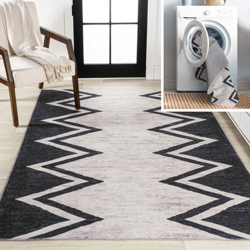 Shop Jonathan Y Siksak Modern Chevron Border Machine-washable Area Rug In Ivory/navy