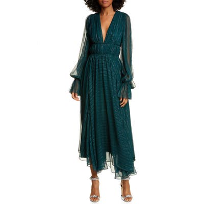 Amur Heidi Metallic Stripe Long Sleeve Silk Blend Dress, Green