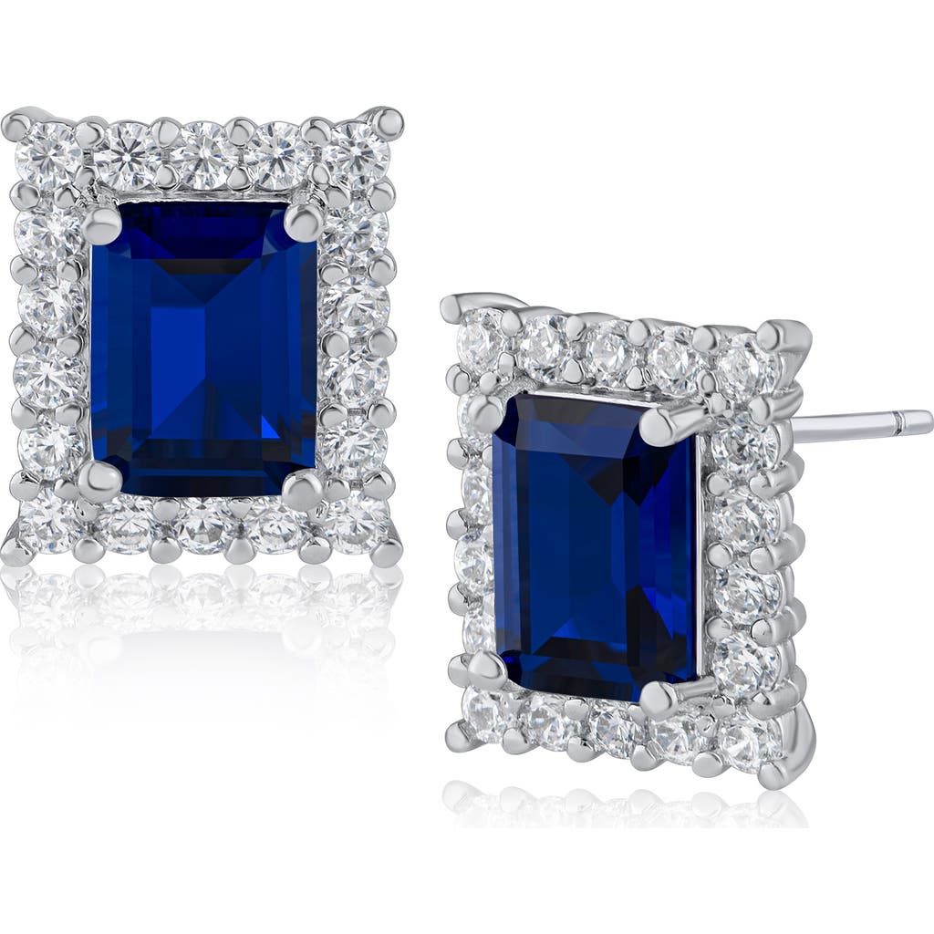 Cz By Kenneth Jay Lane Emerald Cut Cz Pavé Halo Stud Earrings In Blue/silver