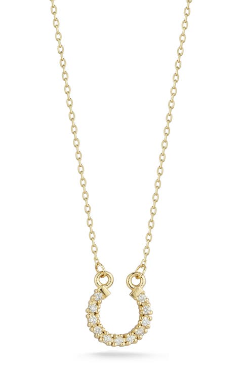 14K Gold Diamond Horse Shoe Pendant Necklace - 0.08 ctw