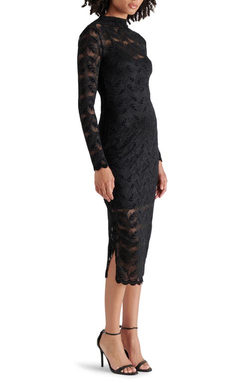 Shop Steve Madden Floral Stretch Lace Long Sleeve Body-con Midi Dress In Black