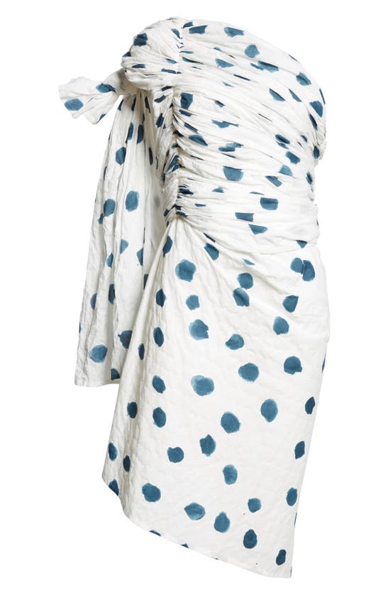 Shop Tao Comme Des Garçons Polka Dot Shirred Asymmetric One-shoulder Cotton Dress In White/ Indigo