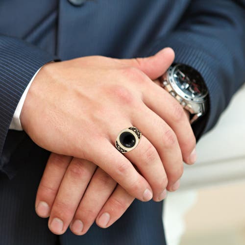 Luvmyjewelry Black Onyx Sterling Silver Men Signet Ring With Enamel In 14kt Gold Vermeil On Sterling